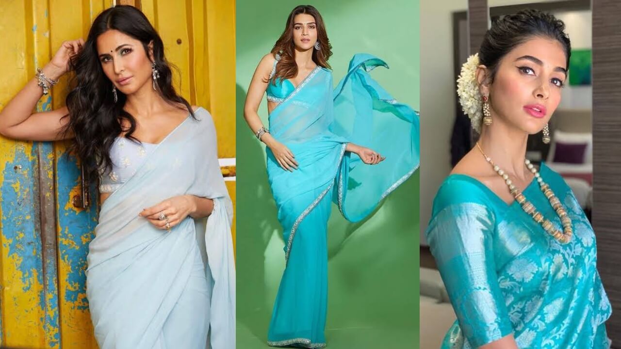 Katrina Kaif, Kriti Sanon and Pooja Hegde in sky-blue saree ensembles, a visual delight