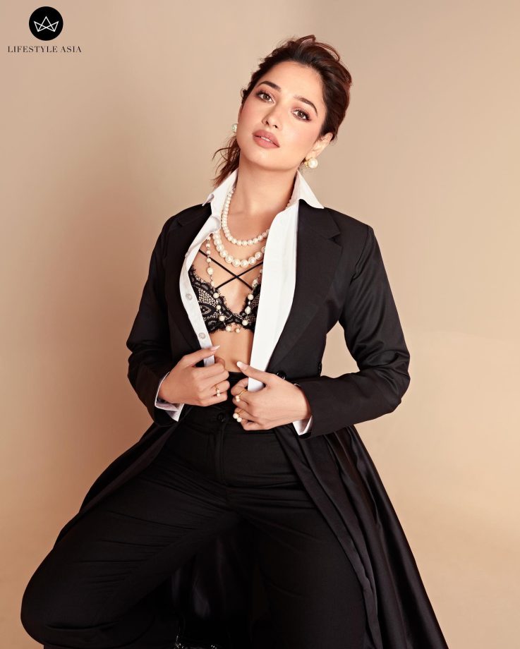 Tamannaah Bhatia exudes vintage glam in black satin jacket and Victoria Secret bralette 814534