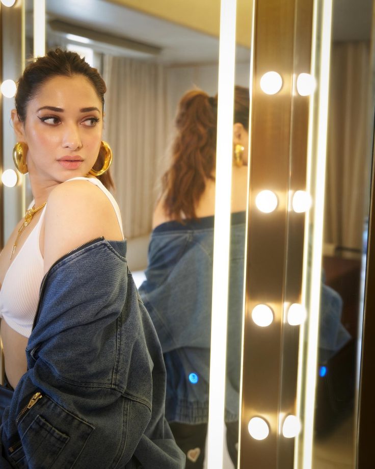 Tamannaah Bhatia gets her retro couture checked in navy blue co-ords and white bralette 815647