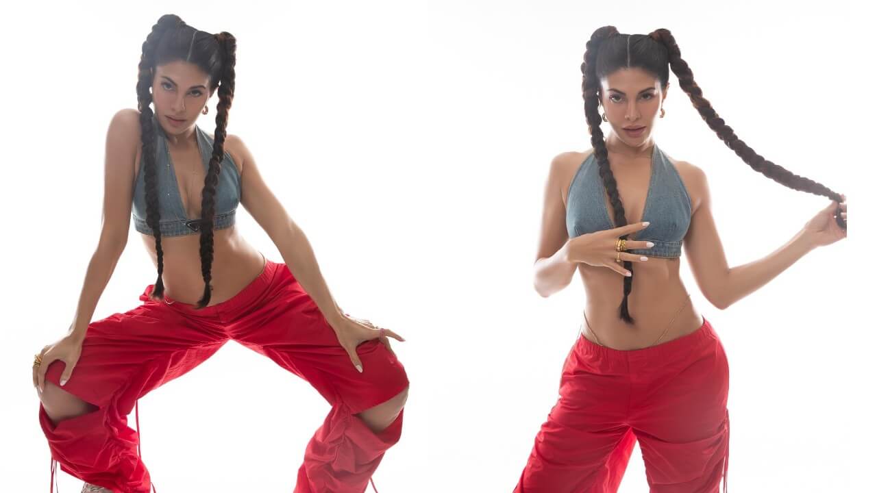 Oh, so hot! Jacqueline Fernandez ups the quirk factor in denim bralette and red joggers 838050