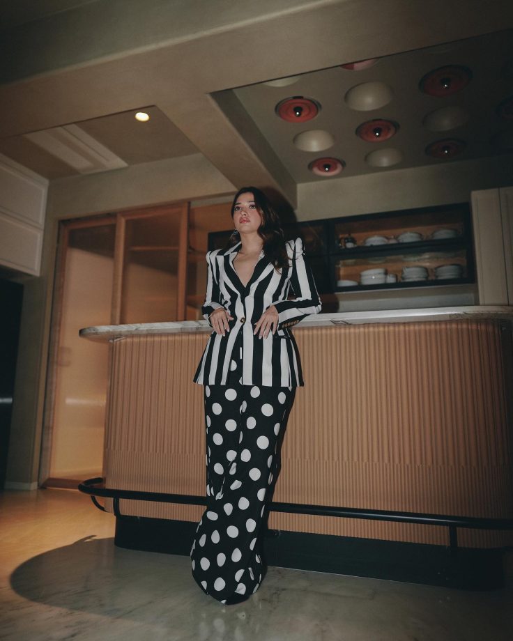 Tamannaah Bhatia channels vintage glam in striped blazer and polka dot pants 835062