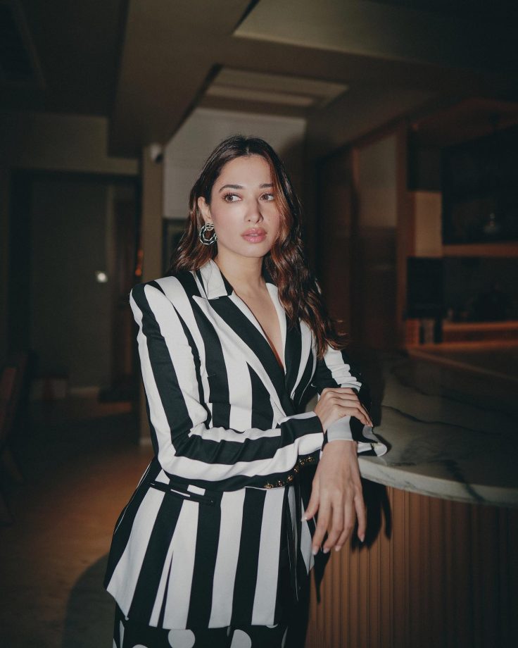 Tamannaah Bhatia channels vintage glam in striped blazer and polka dot pants 835063