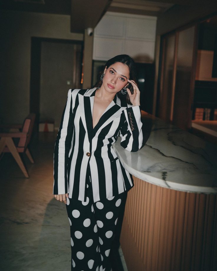 Tamannaah Bhatia channels vintage glam in striped blazer and polka dot pants 835061