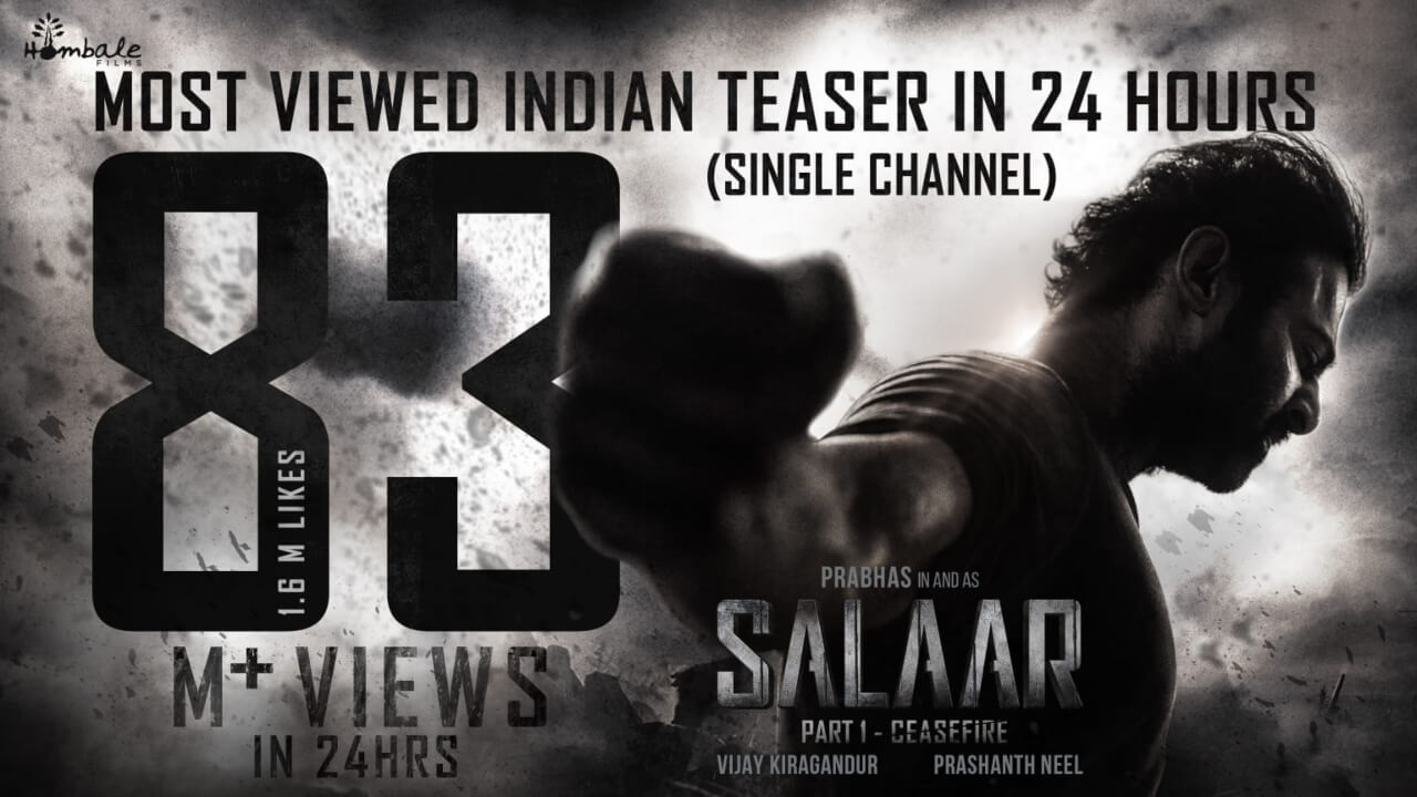 The Teaser of Hombale Films Salaar Part 1: CEASEFIRE Break Records! Becomes a Single asset that garnered 83 Million+ Views in just 24 Hours on a Single Platform 831460