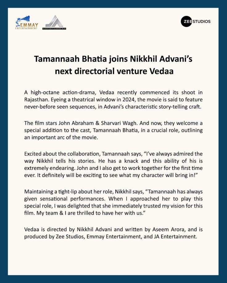Vedaa: Tamannaah Bhatia joins hands with Nikkhil Advani and John Abraham 833679