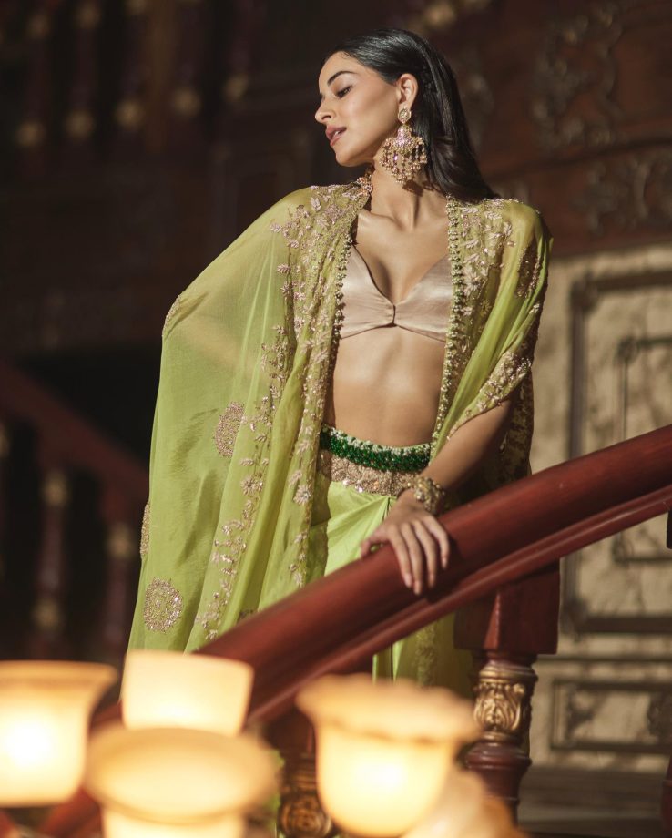 Ananya Panday Exudes Royalty In Gold Bralette And Pastel Green Skirt With Embellished Dupatta 844494