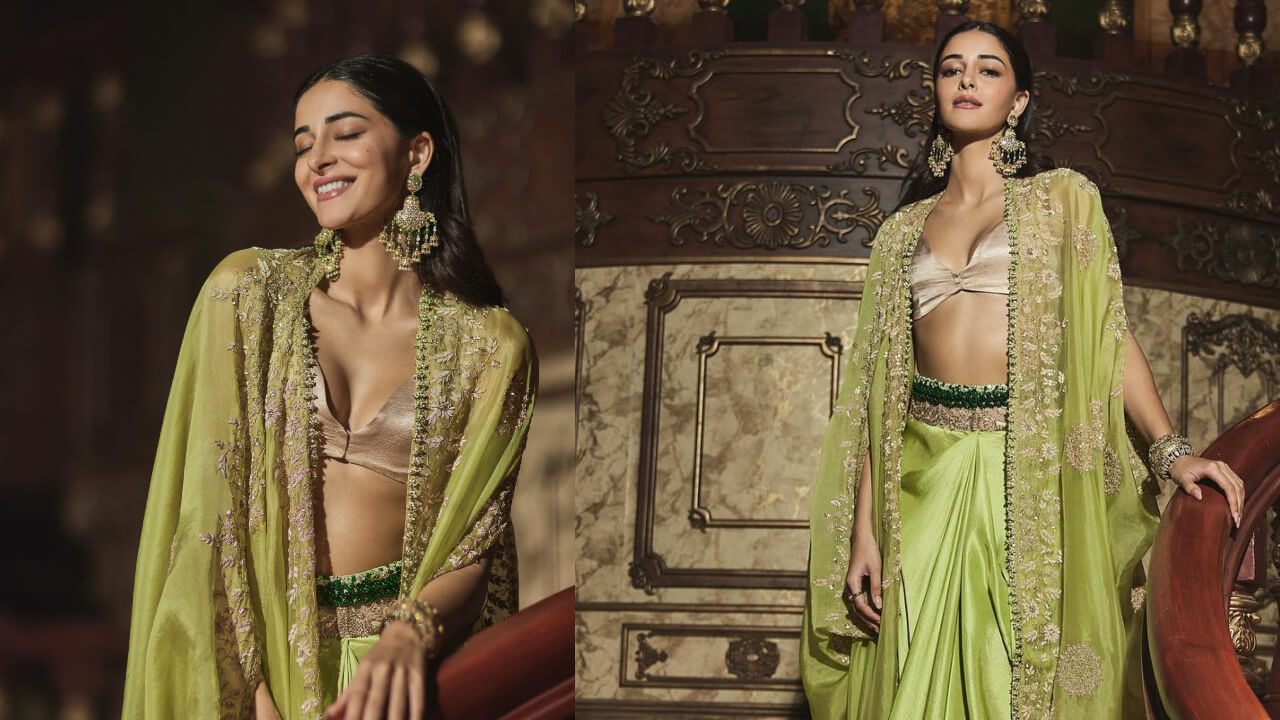Ananya Panday Exudes Royalty In Gold Bralette And Pastel Green Skirt With Embellished Dupatta 844496