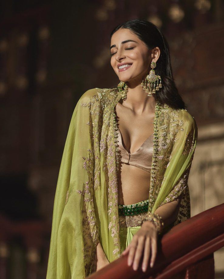 Ananya Panday Exudes Royalty In Gold Bralette And Pastel Green Skirt With Embellished Dupatta 844493
