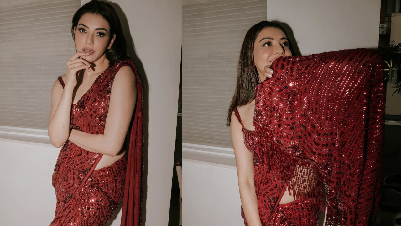 Kajal Aggarwal Sets Fire To The Rain In Shimmery Red Sequin Saree 841082