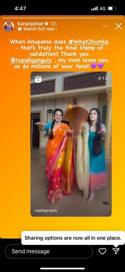 Karan Johar hailed Rupali Ganguly aka Anupama and Pranali Rathor aka Akshara as they danced to What Jhumka? song, says 