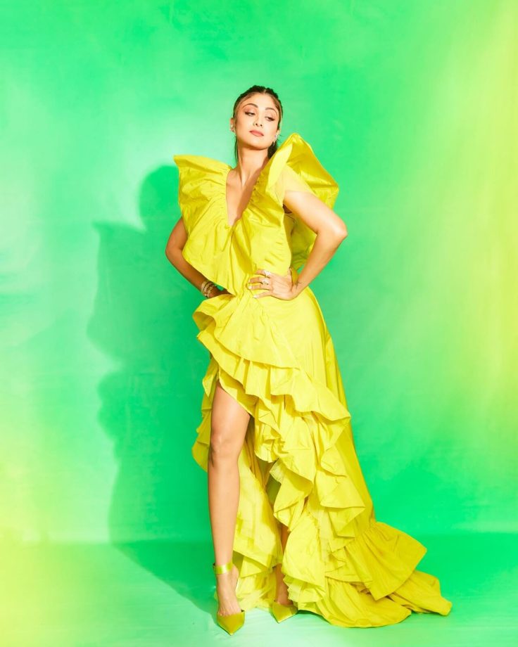 Shilpa Shetty Exudes Effortless Charm In Yellow Ruffle Trail Gown And Bold Shoulders 845492
