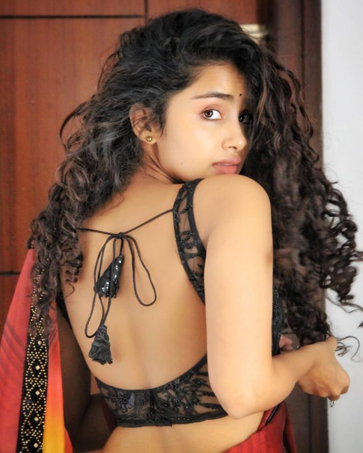Anupama Parameswaran’s floral multi-coloured georgette saree comes with a black sequinned bustier 850257