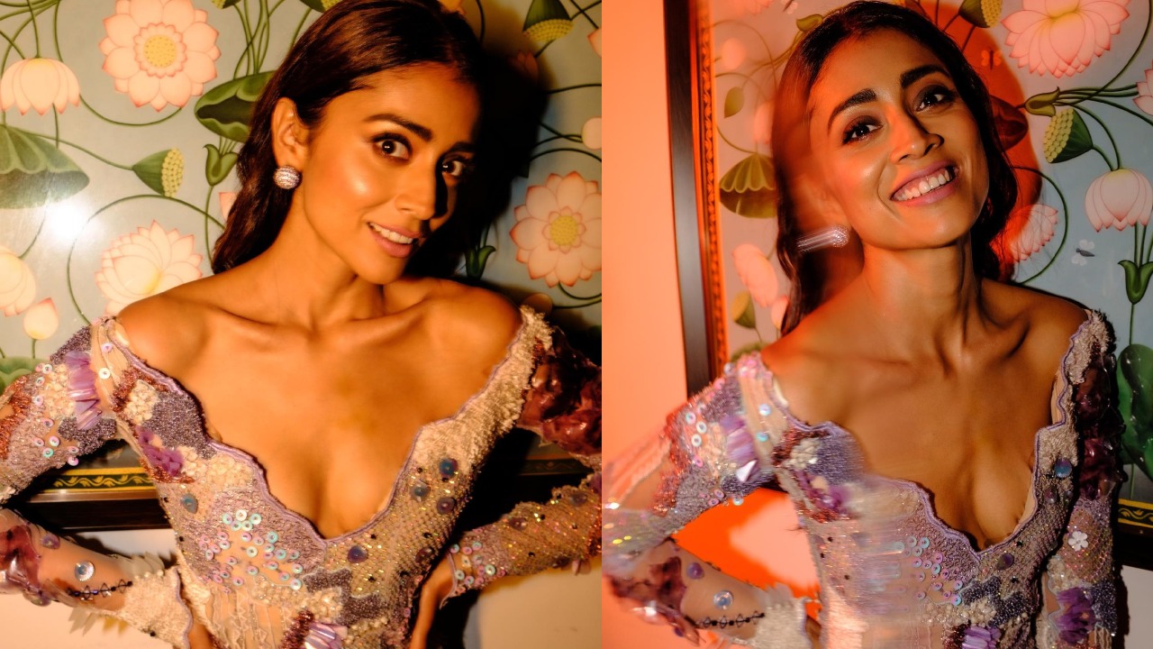 Bold Photos: Shriya Saran Turns Barbie In Periwinkle CrysMesh Floral Dress With Low Neckline 849956