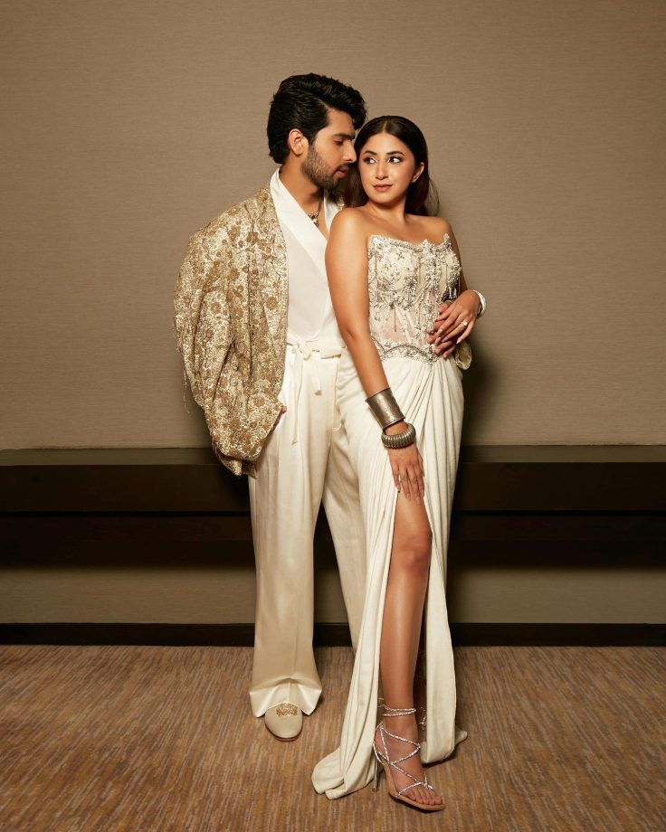 Couple Goals: Armaan Malik And Aashna Shroff Twin In Ivory Embellished Satin Outfits 850078