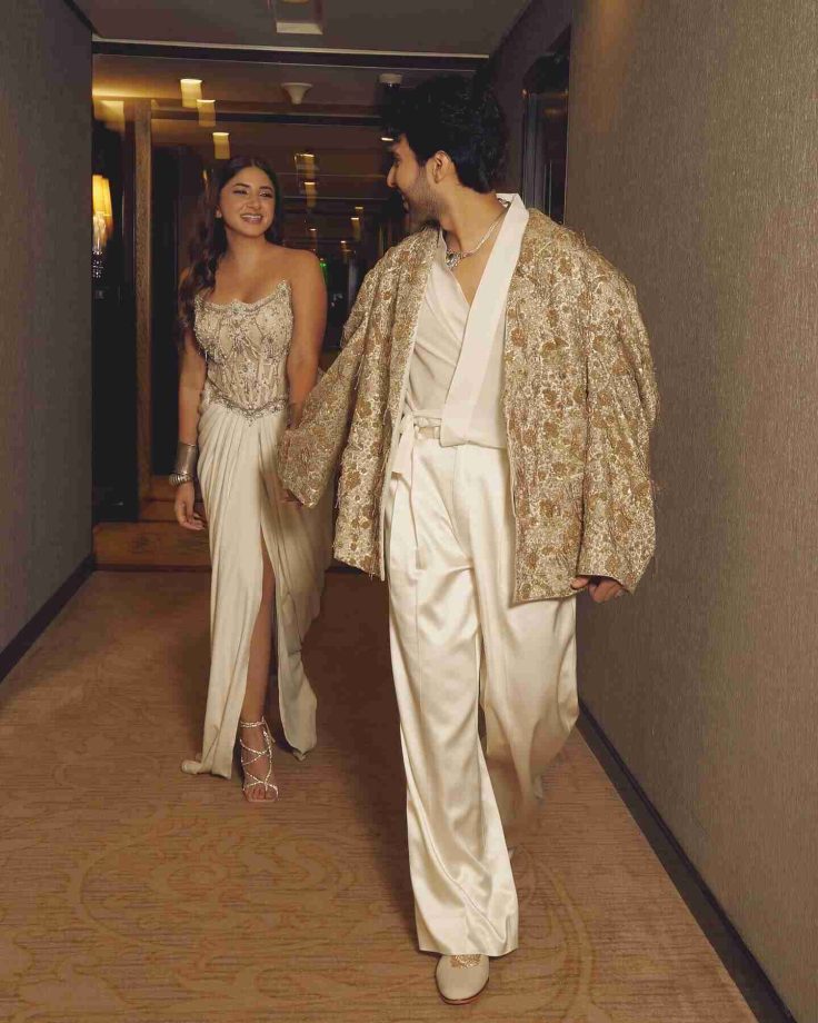 Couple Goals: Armaan Malik And Aashna Shroff Twin In Ivory Embellished Satin Outfits 850081