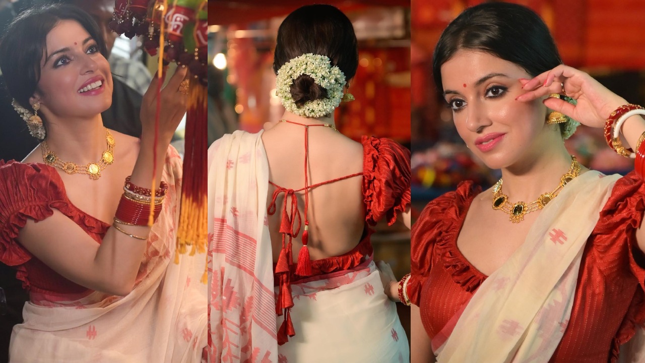 Divya Khosla Kumar Turns Bengali Beauty In White Saree, Red Puffy Blouse, Gold Accessories, And Classy Gajra 850947