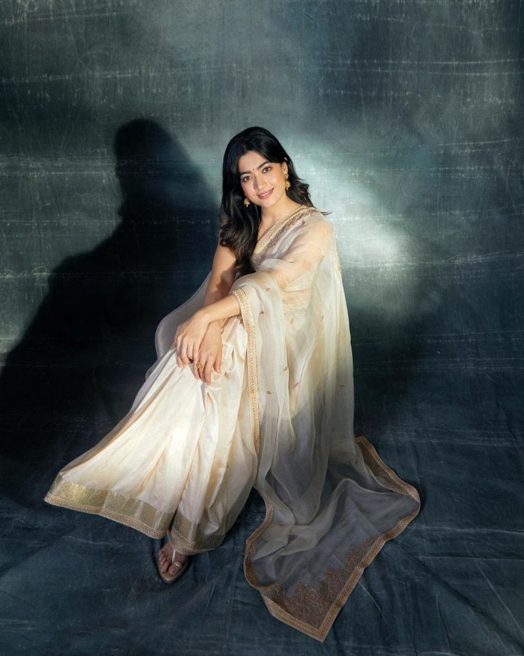 Glowing like gold! Rashmika Mandanna is dream in beige saree and deep plunge blouse design 853636