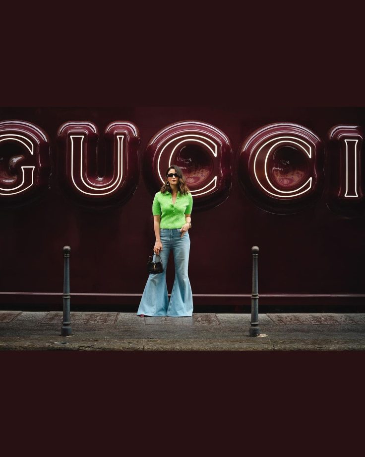 Gucci's Global Ambassador Alia Bhatt shines in green bling T-shirt and bell-bottom jeans at Milan Fashion Week 854620