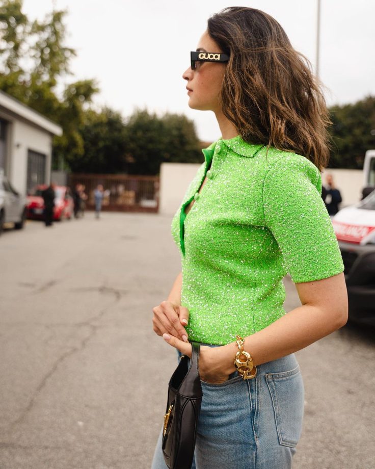 Gucci's Global Ambassador Alia Bhatt shines in green bling T-shirt and bell-bottom jeans at Milan Fashion Week 854622