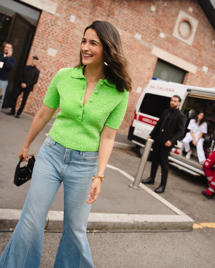 Gucci's Global Ambassador Alia Bhatt shines in green bling T-shirt and bell-bottom jeans at Milan Fashion Week 854624