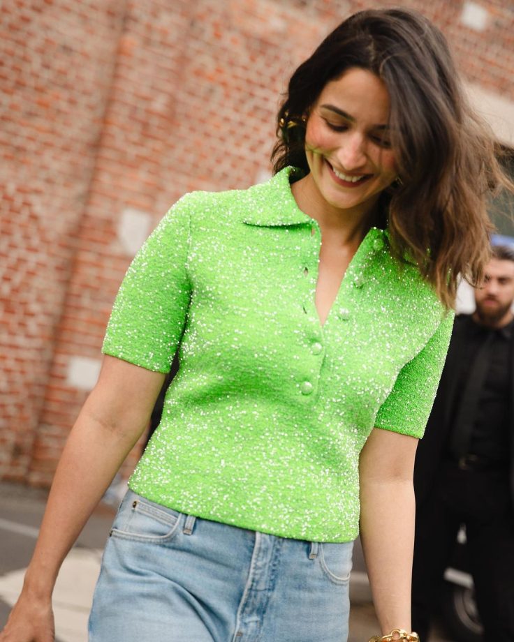 Gucci's Global Ambassador Alia Bhatt shines in green bling T-shirt and bell-bottom jeans at Milan Fashion Week 854619