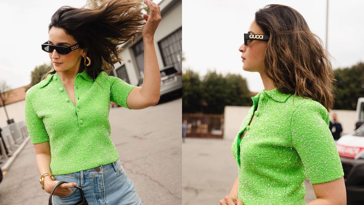 Gucci’s Global Ambassador Alia Bhatt shines in green bling T-shirt and bell-bottom jeans at Milan Fashion Week