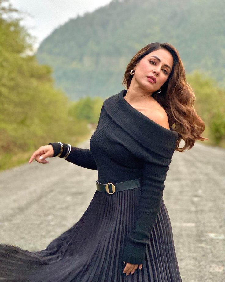 Hina Khan's Off-shoulder Cardigan And Pleated Skirt With Boots Are Dreamy Autumn Goals 856619