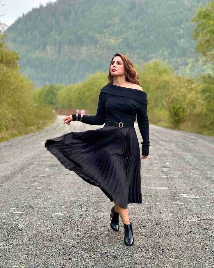 Hina Khan's Off-shoulder Cardigan And Pleated Skirt With Boots Are Dreamy Autumn Goals 856620