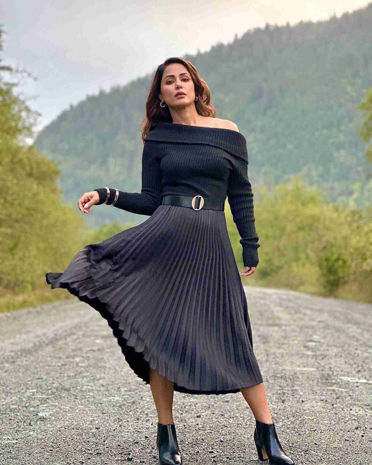 Hina Khan's Off-shoulder Cardigan And Pleated Skirt With Boots Are Dreamy Autumn Goals 856621