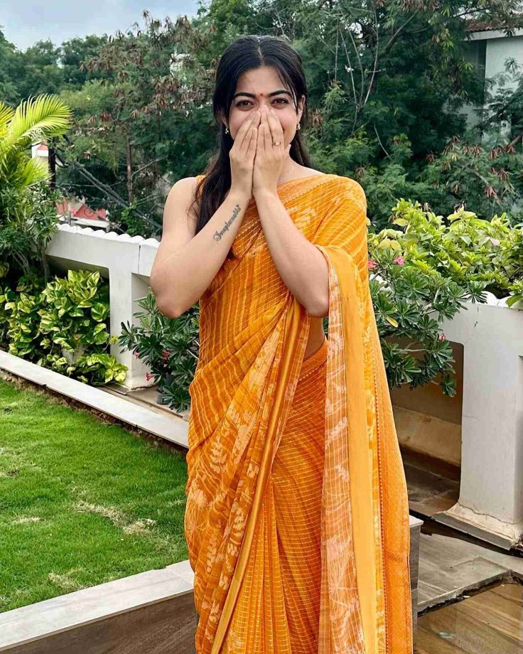 In Pics: Rashmika Mandanna gives traditional flair in embellished golden saree 849051