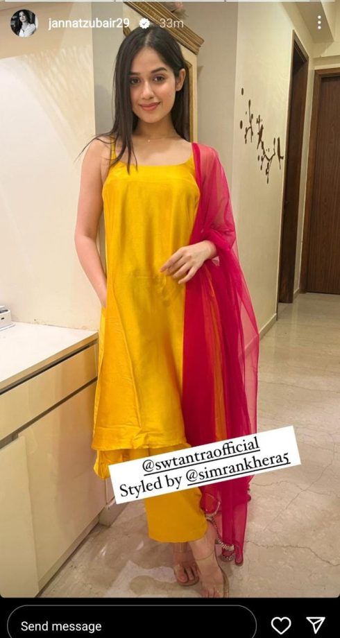 Jannat Zubair Blooming In Sunshine Yellow Kurta, Pajama, And Red Dupatta, See Here 847797