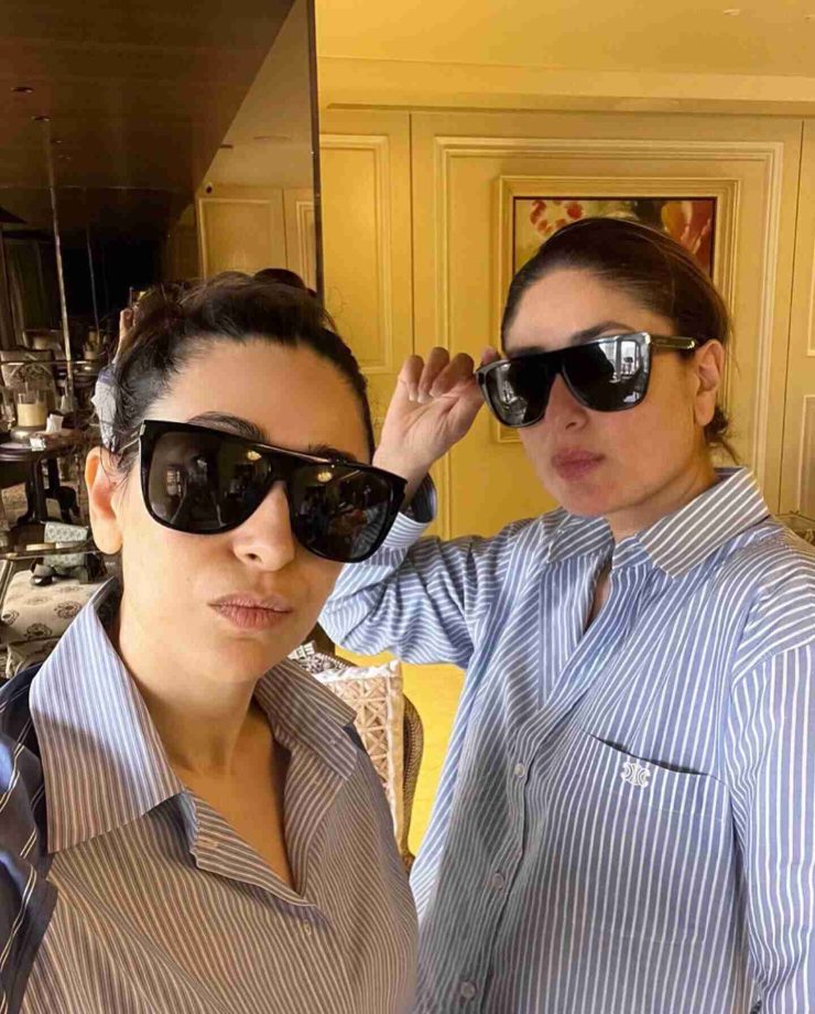 Karisma Kapoor Twins With Sister Kareena Kapoor In Baggy Striped Shirt And Denim With Black Glasses 852800