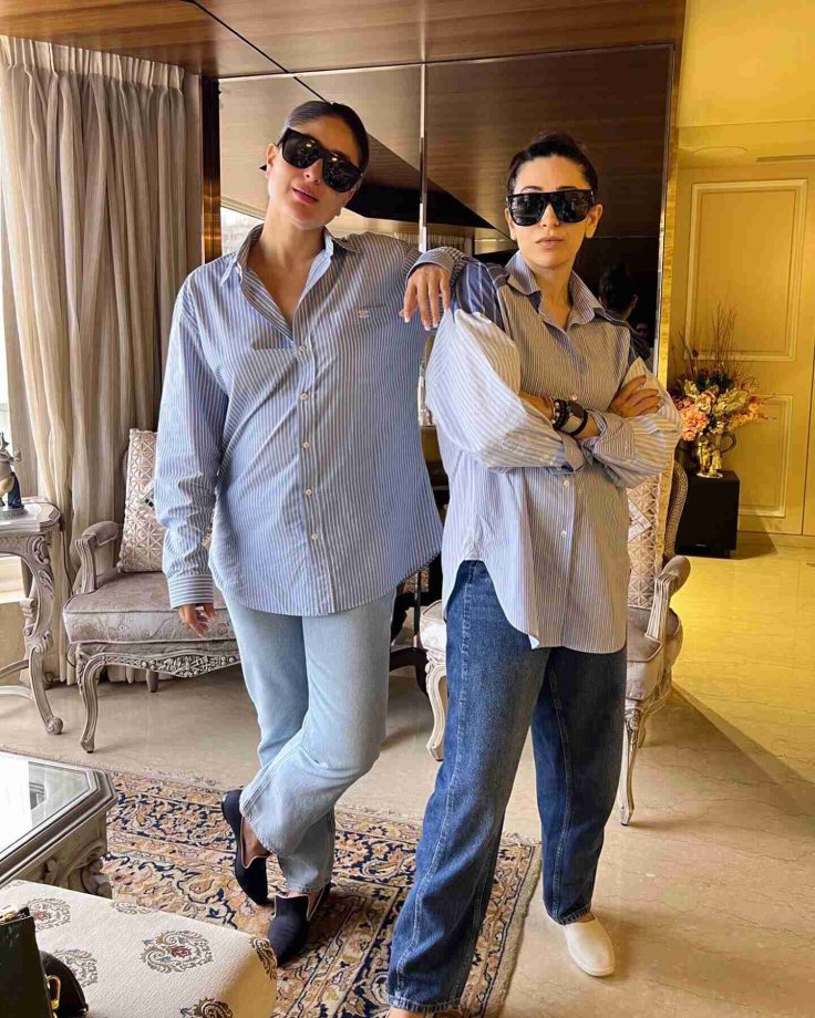 Karisma Kapoor Twins With Sister Kareena Kapoor In Baggy Striped Shirt And Denim With Black Glasses 852799