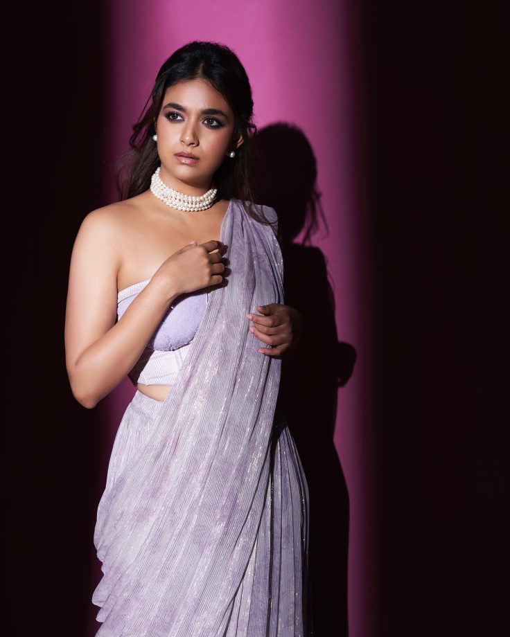 Keerthy Suresh Embraces Lavender Love In Sequin Saree And Corset Blouse 848487