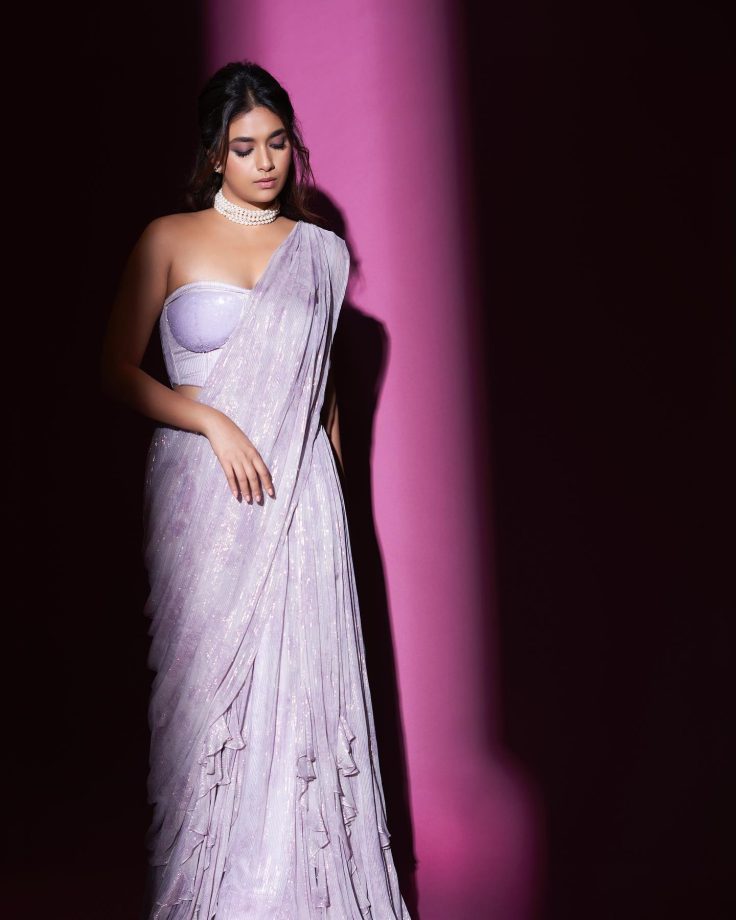 Keerthy Suresh Embraces Lavender Love In Sequin Saree And Corset Blouse 848485