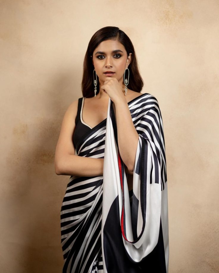 Keerthy Suresh Redefines Retro Vibe In Black-White Striped Saree And Sultry Blouse With Statement Earrings 851552