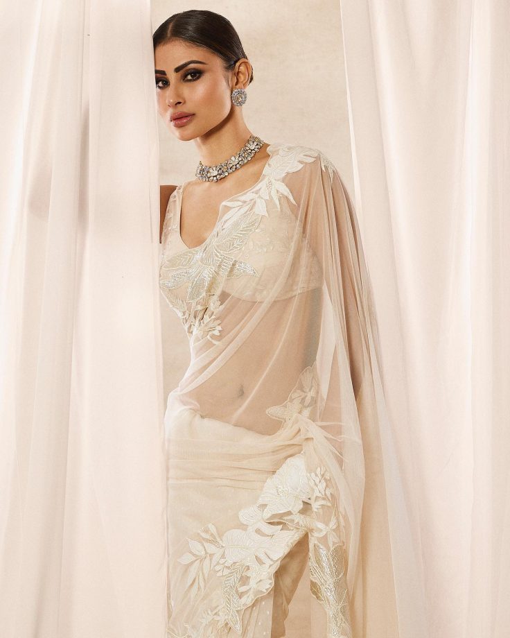 Mouni Roy And Esha Gupta Exude Glitter And Glamour In Ivory See-through Saree, Designer Blouse With Choker 851135
