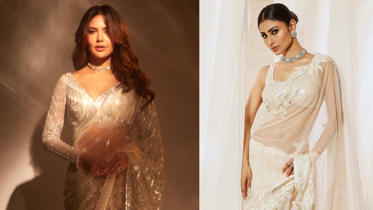 Mouni Roy And Esha Gupta Exude Glitter And Glamour In Ivory See-through Saree, Designer Blouse With Choker 851116