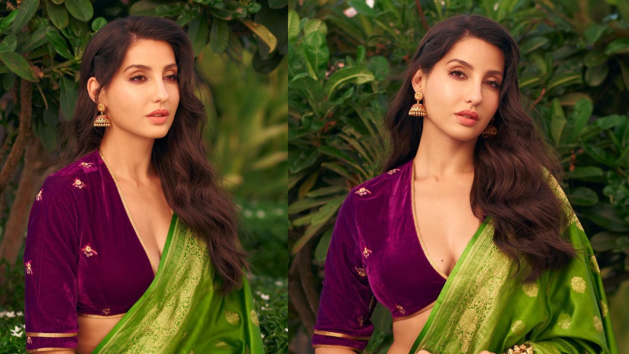 Nora Fatehi looks divine in velvet deep neck blouse and green saree 850189