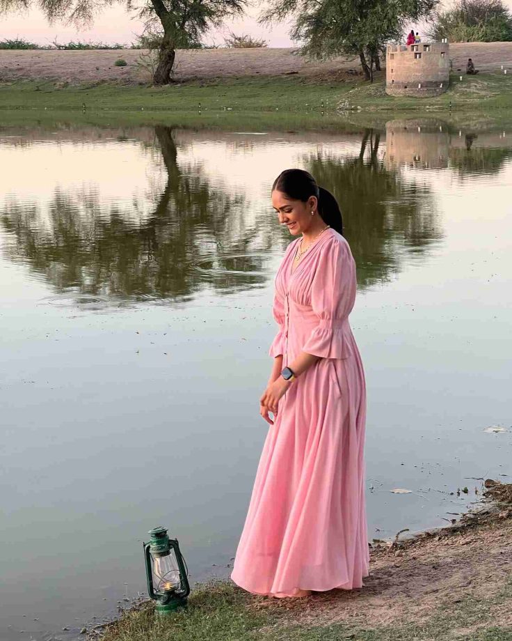 [Photos] Mrunal Thakur is elegance personified in this Victorian style pink corset flared dress 855248