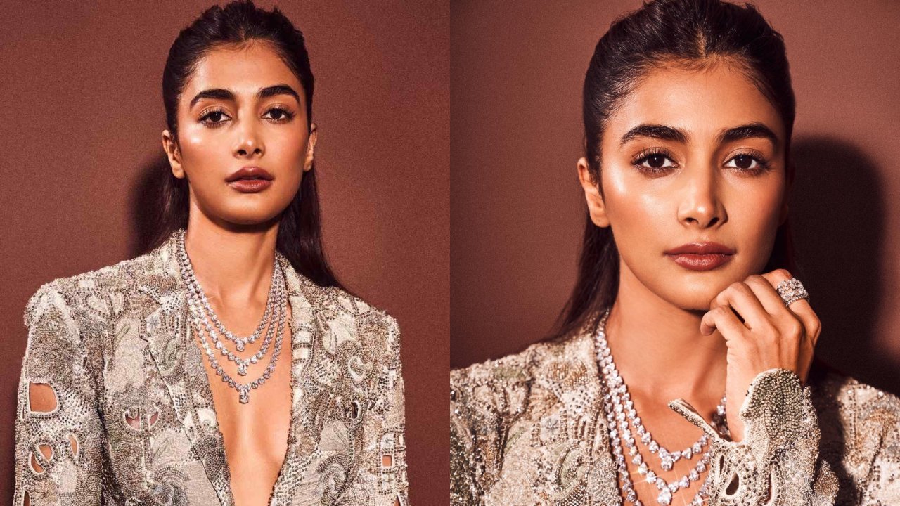 [Photos] Pooja Hedge Radiates Charm In Sparkling Silver Plunge-neckline Blazer And Trouser With Statement Accessories 851328