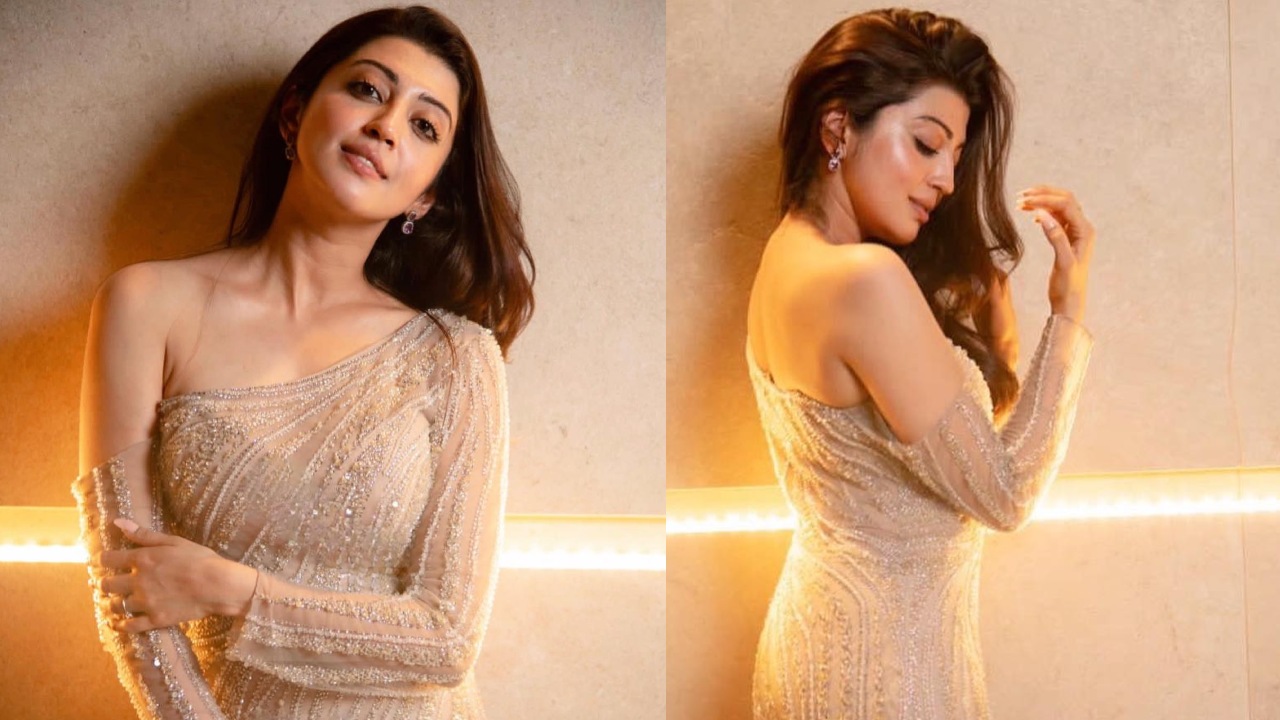 Pranita Subhash shines in a glamorous beige party wear gown 854765