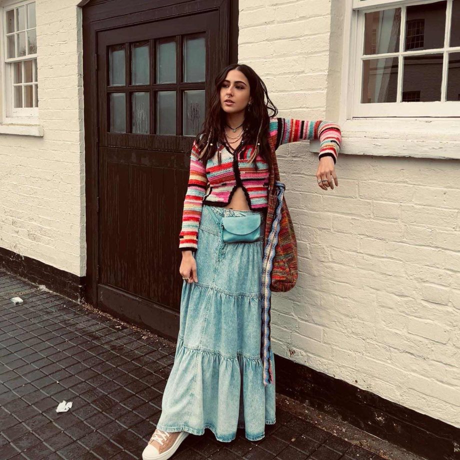 Sara Ali Khan's Colorful Cardigan, Long Denim Skirt, And Bennie Are Playful Autumn Vacation Goals 854003