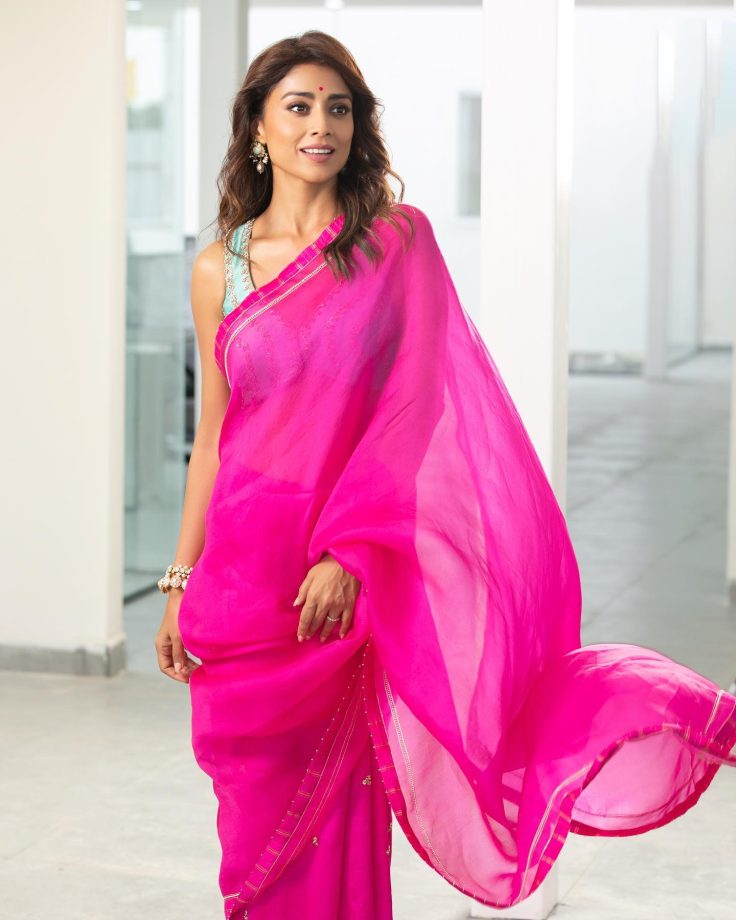 Shriya Saran Serve Elegance In Pink Saree And Plunging Blouse With Ruby Earrings 855306