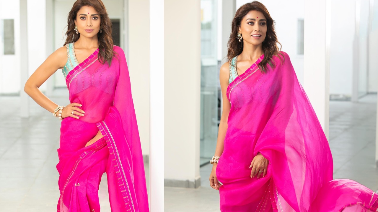 Shriya Saran Serve Elegance In Pink Saree And Plunging Blouse With Ruby Earrings 855307