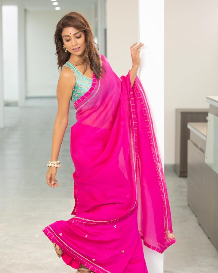 Shriya Saran Serve Elegance In Pink Saree And Plunging Blouse With Ruby Earrings 855303