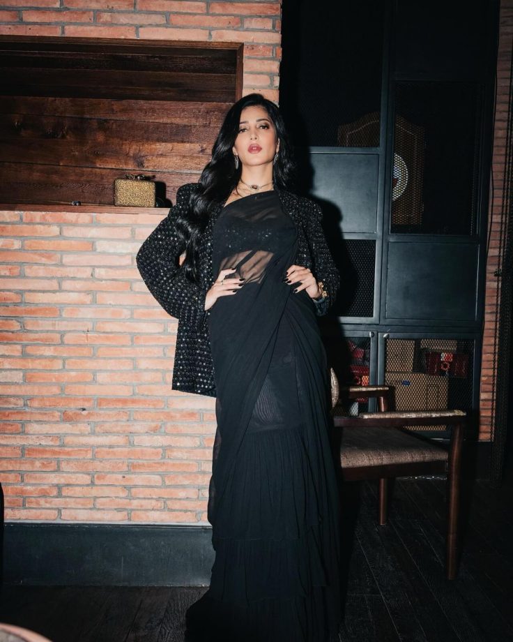 Shruti Haasan Looks OG Goth Girl In Black Saree, Low Neck Blouse Design, And Shimmery Jacket With Oxidised Accessories 854016