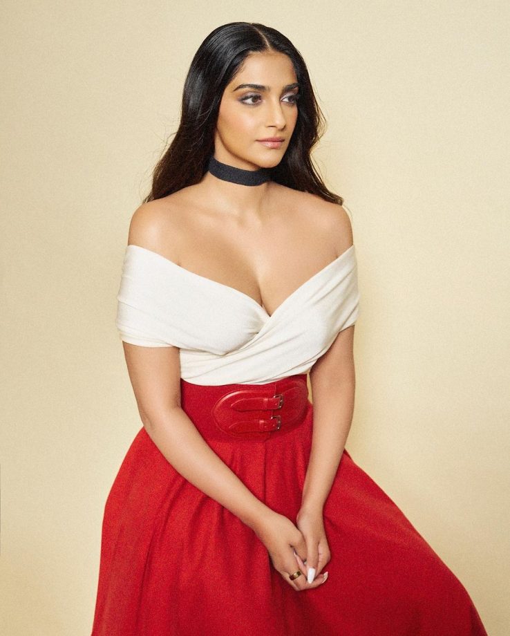 Sonam Kapoor Ups Sensuality Bar In Off-shoulder Wrap Top, Knit Maxi Skirt And Long Boots 850649