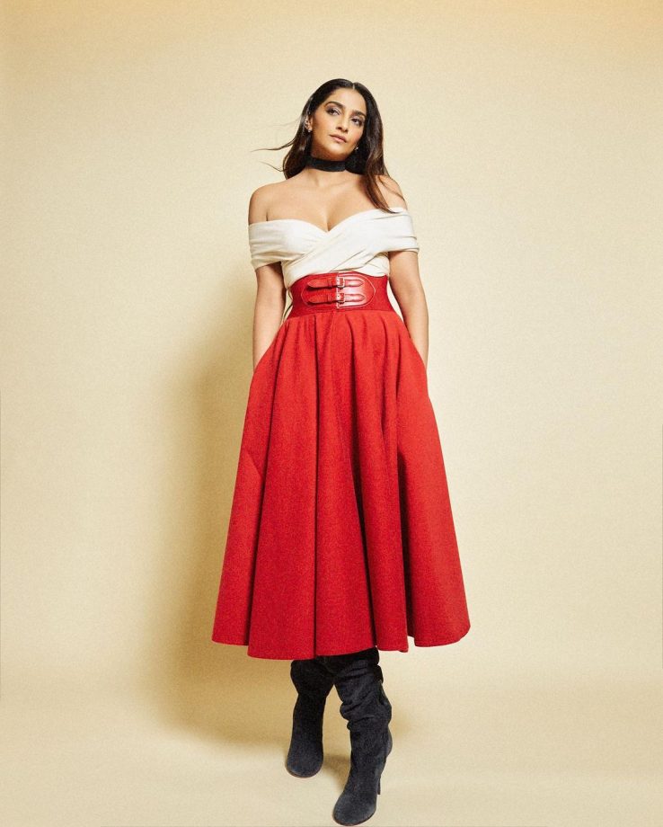 Sonam Kapoor Ups Sensuality Bar In Off-shoulder Wrap Top, Knit Maxi Skirt And Long Boots 850652