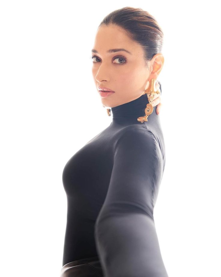 Tamannaah Bhatia Makes Heads Turn In Classic Black Body-hugging Gown With Gold Earrings 852616